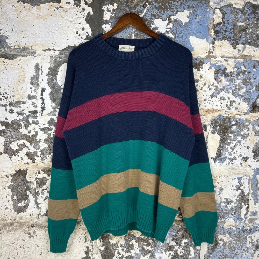 Vintage St. Johns Bay Striped Knit Sweater Large Crew Neck Cotton Blend